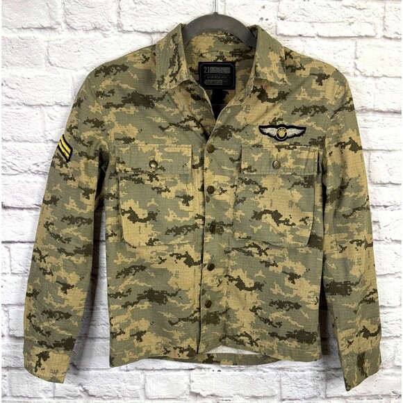 21 Mens Camo Jacket Army Tactical Military Green Camouflage Coat Button Up SMALL - Picture 1 of 6